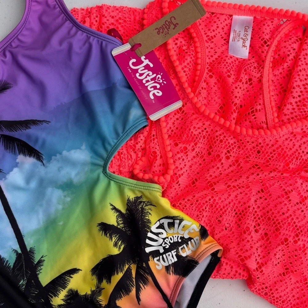 One-Piece Swimsuit‎ Cover-Up Girls 10/12 Pink Rainbow NWT